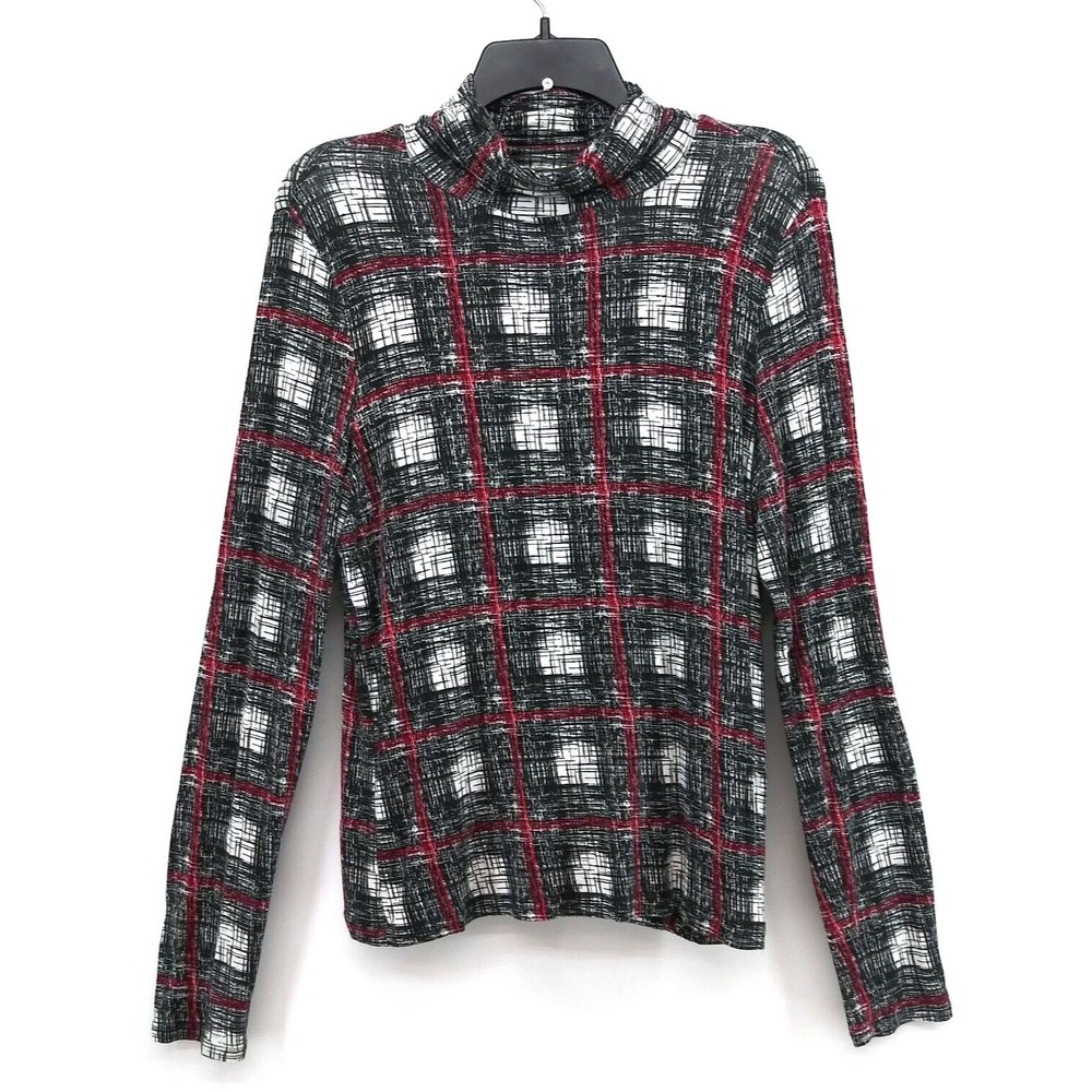 Jillian Nicole Shirt Womens Large Black Red Long Sleeve Mock Neck Blouse Top